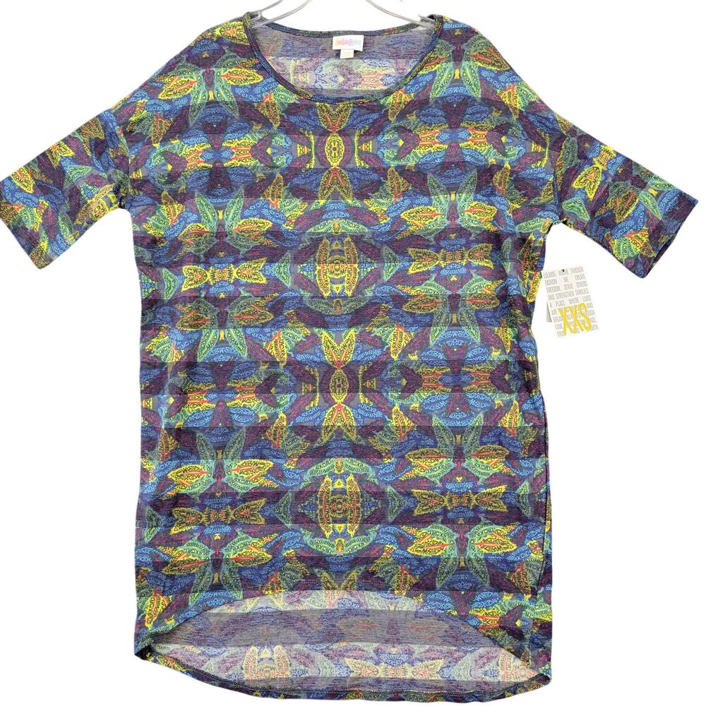 LuLaRoe Irma Blue Tunic Shirt NEW Stretch Striped Short Sleeves Women's Size XXS